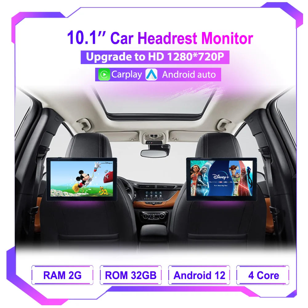 10.1 Inch HD 1280*720 Android Car Headrest Monitor Back Seat Multimedia Player Apple Carplay Ambient Lights BT SD Android Auto