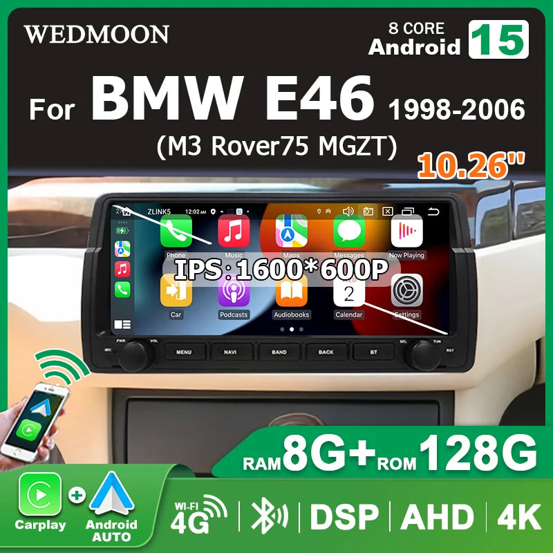 10.26'' Screen Car Radio Android 15 AUTO CarPlay stereo 2DIN For BMW E46 M3 Rover 75 MG ZT 1998-2006 bluetooth Multimedia player