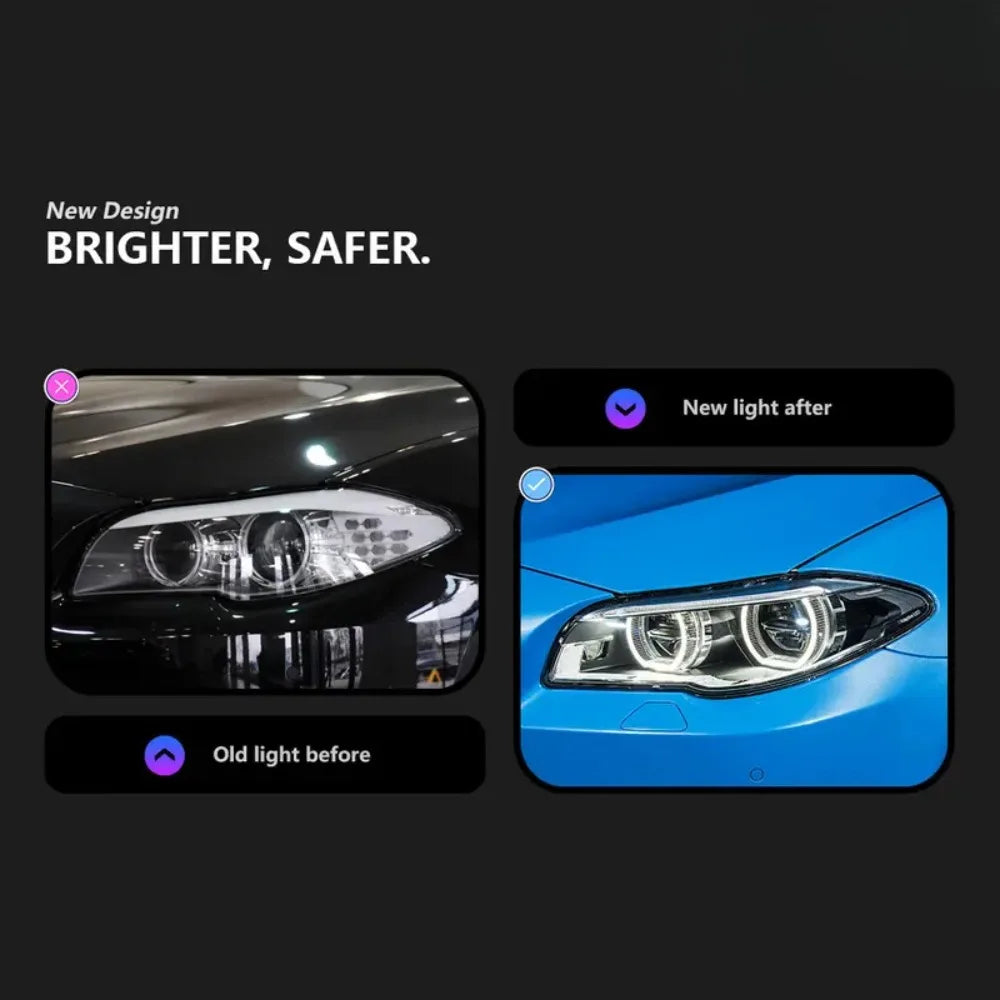 Dual LED Angel Eye Projector Headlight Assembly For BMW 5 Series F10 F18 2011-2017 Black Housing LED DRL Sequential Dynamic Turn Signal Plug And Play Canbus Waterproof Anti-Yellow Clear Lens Car Front Headlamp Auto Modification Replacement Lighting Parts