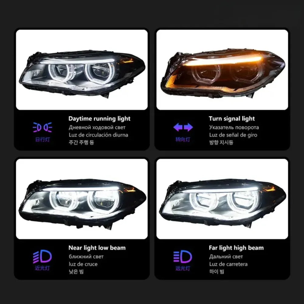 Dual LED Angel Eye Projector Headlight Assembly For BMW 5 Series F10 F18 2011-2017 Black Housing LED DRL Sequential Dynamic Turn Signal Plug And Play Canbus Waterproof Anti-Yellow Clear Lens Car Front Headlamp Auto Modification Replacement Lighting Parts