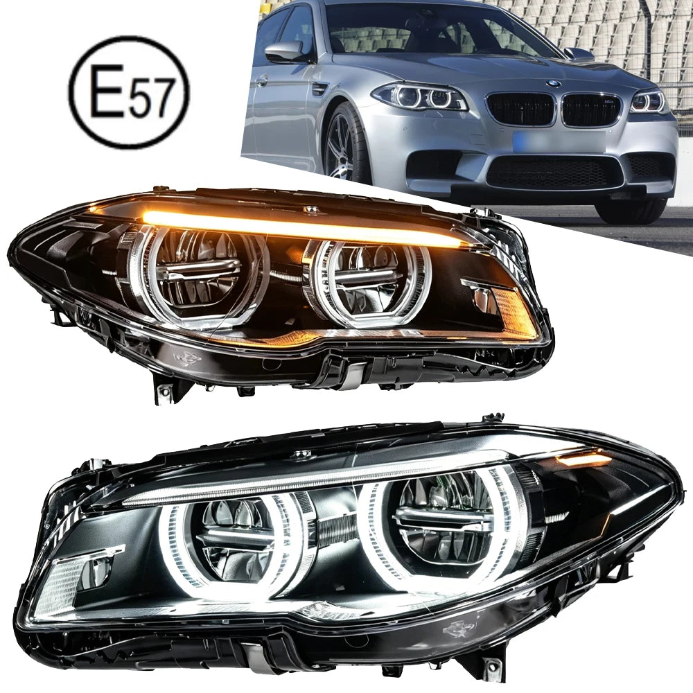 Dual LED Angel Eye Projector Headlight Assembly For BMW 5 Series F10 F18 2011-2017 Black Housing LED DRL Sequential Dynamic Turn Signal Plug And Play Canbus Waterproof Anti-Yellow Clear Lens Car Front Headlamp Auto Modification Replacement Lighting Parts