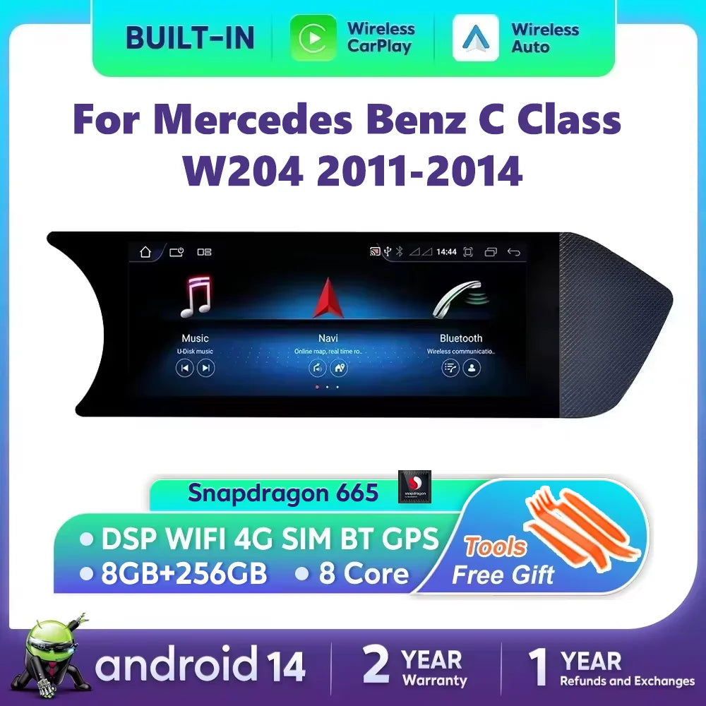 Android 14 Auto Radio Wireless Carplay For Mercedes C Class W204 2011-2014 Car Multimedia Player BT WIFI SIM Stereo GPS